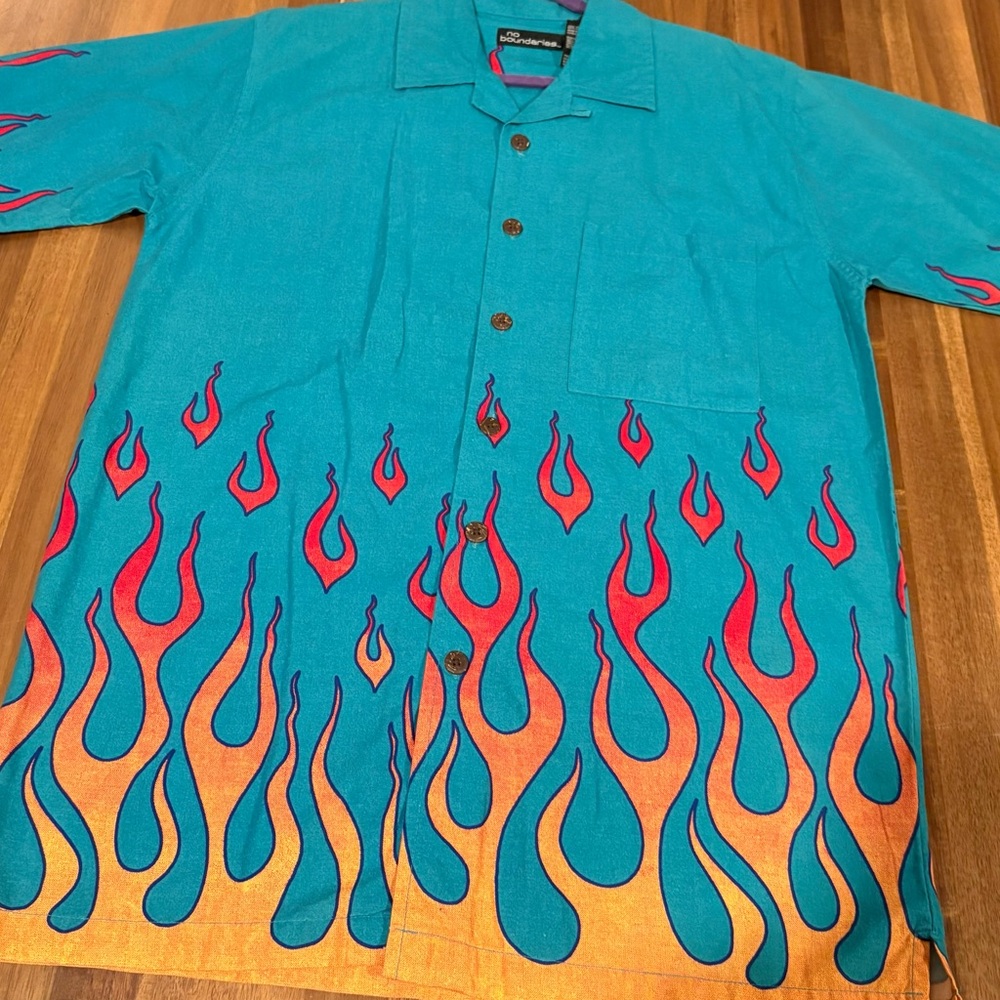 No Boundaries Turquoise Button-Up Shirt with Orange and Pink Flame Print